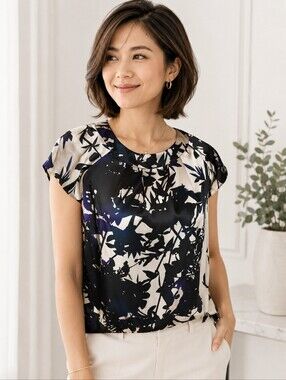 Theory P/ PT Abstract Floral Satin Blouse Black Ivory Silk Short Sleeve